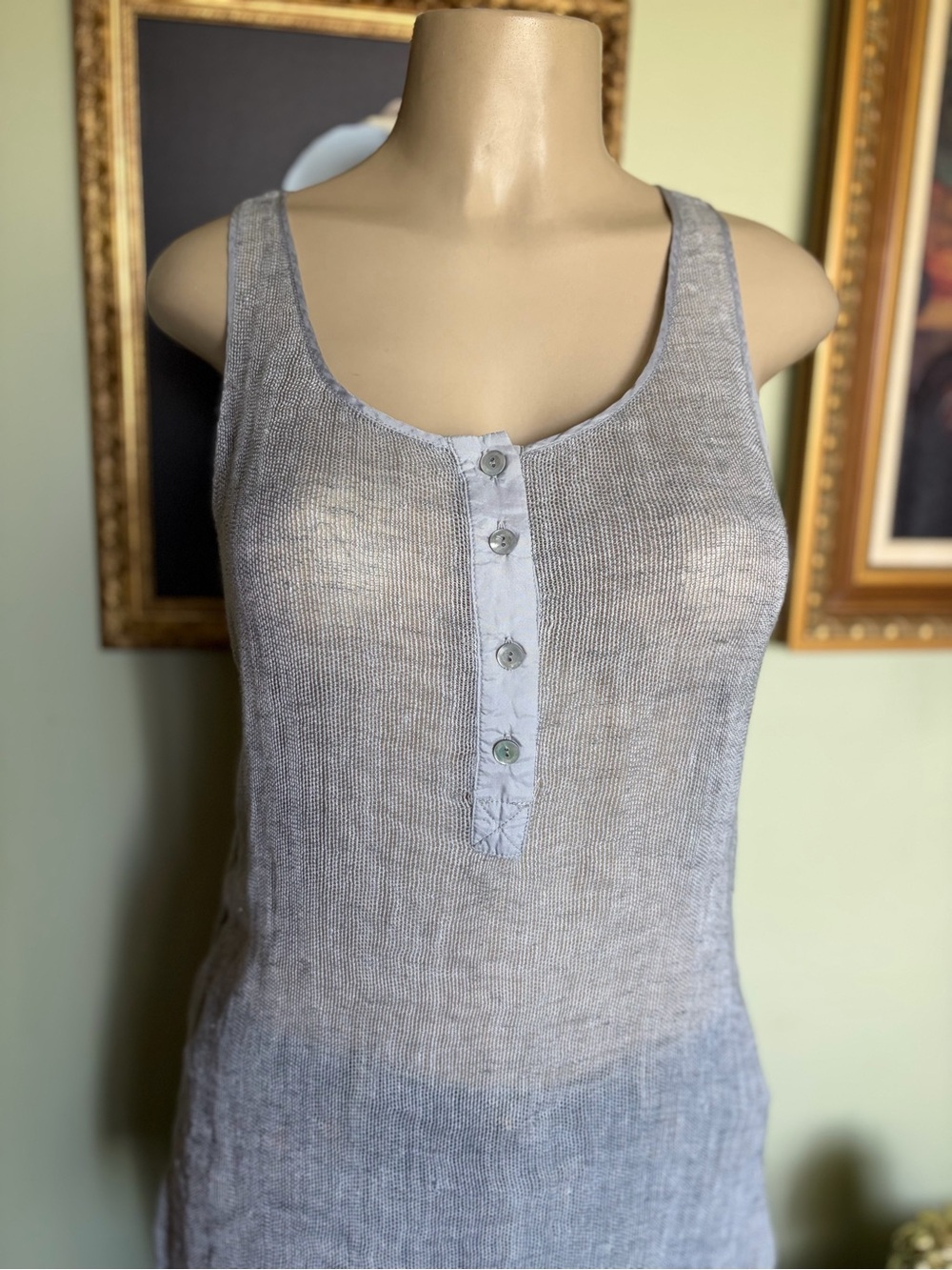 Eileen Fisher Gray Silver Mesh Linen Henley Tank Top Womans Size S Minimalist - Picture 11 of 16